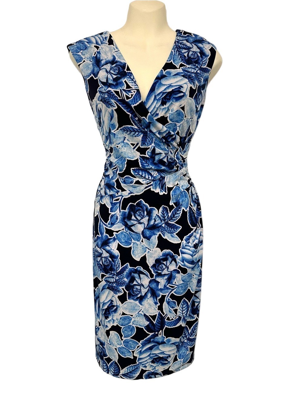 Joseph Ribkoff blue rose print dress Size 8 jersey stretch elevated Office